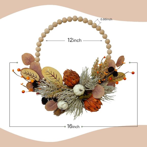 16" Artificial Fall Wooden Beads Wreath with Leaves, Chrysanthemums & Mini Pumpk - Picture 3 of 7